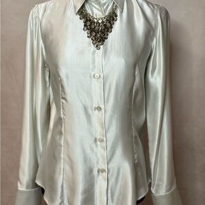 Giorgio Armani 100% Silk Silver & Black Pinstripe Button-Up Blouse Size 40 (6)